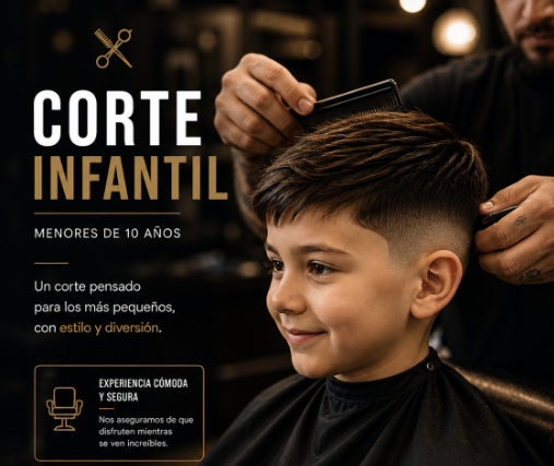 Servicio especialmente diseñado para los más pequeños, con un enfoque cómodo, rápido y adaptado a su edad. Cuidamos el trato y el ritmo del corte para que la experiencia sea agradable, logrando un resultado limpio y acorde a su estilo.