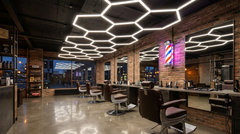 Guía de Iluminación para Barberías: Luces Técnicas de Techo y los Mejores Postes Giratorios (Candys)